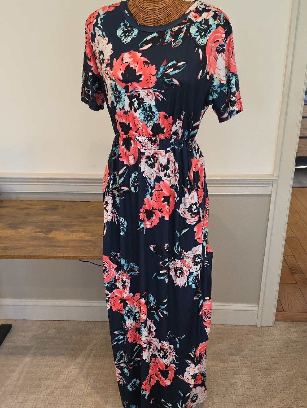 Navy Floral Short-Sleeve Maxi Dress Wedding Guest | Modest Floral Dress